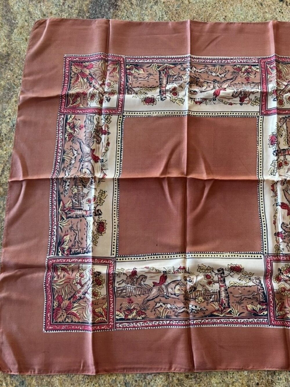 Vintage Liberty of London Brown Silk w Foxhunt Design Made in England